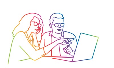 Manager woman helping employee pointing at laptop.