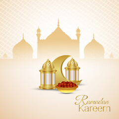 Realistic ramadan mubarak festival with elegant white and golden luxury ornamental on white background