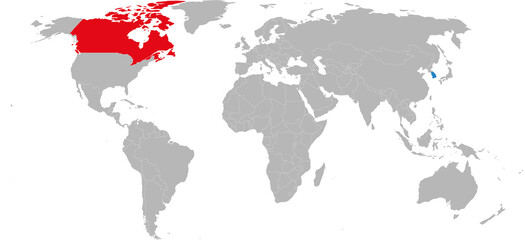 Canada, South korea countries isolated on world map. Business concepts and backgrounds.