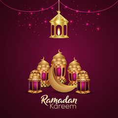 Ramadan kareem realistic vector illustration arabic lantern and moon on creative background