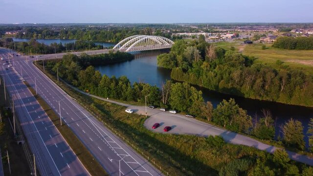 The blue sky over Vimy Memorial Bridge over Rideau river