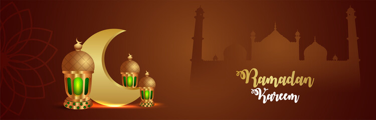 Ramadan kareem vector illustration on creative realistic background with creative islamic lantern and pattern moon