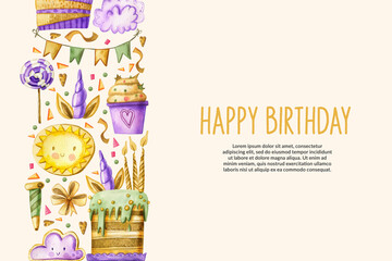 Watercolor square frame for childrens birthday. With gifts, cupcakes, gingerbread, candy, crown. Hand drawing watercolor cute children’s greeting card.