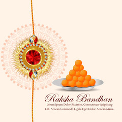 Indian festival of happy raksha bandhan celebration greeting card with rakhi and sweet