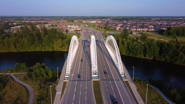 The blue sky over Vimy Memorial Bridge over Rideau river
