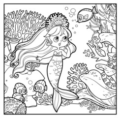 Cute little mermaid girl in coral tiara speaks with fish outlined for coloring page on seabed with corals and algae background