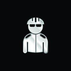 Bicyclist With Helmet And Jacket silver plated metallic icon
