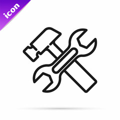Black line Crossed hammer and wrench spanner icon isolated on white background. Hardware tools. Vector