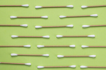 Flat lay of cotton buds from cotton and cane, eco friendly concept of zero waste hygiene products