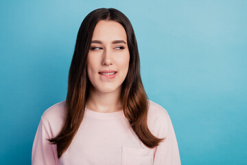 Obraz premium Close up photo lady cute look side empty space bite lip dream yummy hungry isolated teal color background