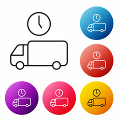 Black line Logistics delivery truck and time icon isolated on white background. Delivery time icon. Set icons colorful circle buttons. Vector