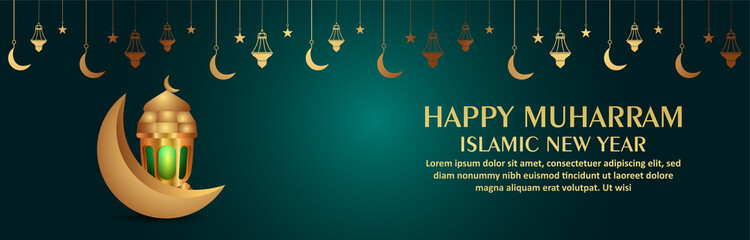 Happy muharram realistic islamic new year with vector illustration lantern and moon