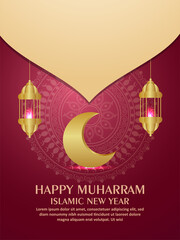 Happy muharram islamic new year invitation party flyer with gold moon and lantern