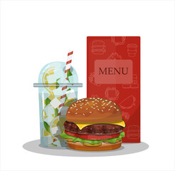 Vector hamburger with lemonade and menu. Cartoon illustration of fast food. Iced tea and cheeseburger from the restaurant with delivery. Icon