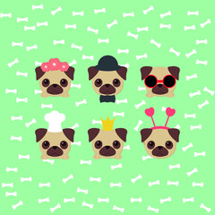 vector postcard with pugs. flat image of a postcard with pug puppies. different hats on the dog's head