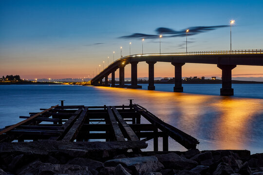 Giske bridge with the sun setting in the background, Valder&oslash;y, Norway