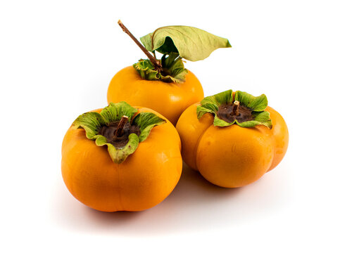 Closeup photo of three ripe fuyu persimmons with leaves and stems