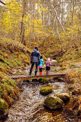 Father hiking with two daughters in beautiful nature in cold autumn day, standing on simple wood...