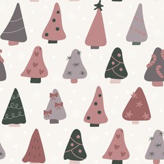 Seamless pattern of cute Christmas trees with snowflakes. For New Year and Christmas designs. Happy new year. Vector illustration. Hand-Drawn. Flat design.