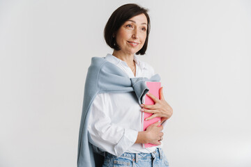 Smiling mature white woman in white shirt