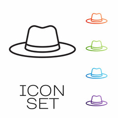 Black line Man hat with ribbon icon isolated on white background. Set icons colorful. Vector