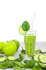 Green spinach, apple and cucumber smoothie. Detox the body. Healthy eating.