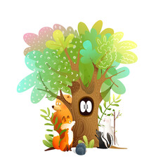 Animals in spooky forest looking at the big eyes in the hollow of the tree. Kids fairytale watercolor style mystery story illustration. Isolated clipart for children vector design. © Popmarleo