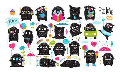 Monster character playing isolated clipart, funny mascot activity collection for kids. Monsters in hand drawn style cartoon illustration set. Isolated vector clipart for children. © Popmarleo