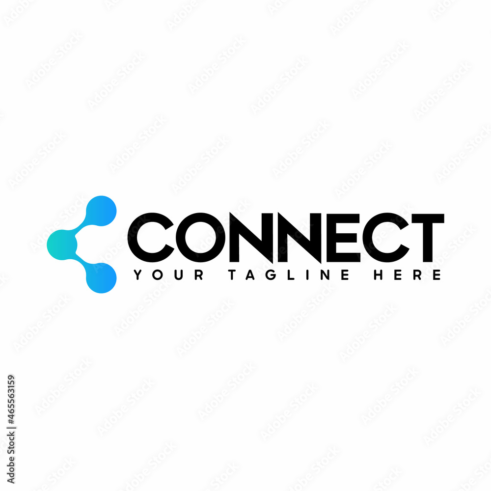 Poster Connect Blue Turquoise and Black Lowercase Logo Design Template Elements. Connected linked dots as a connection. Modern Networking Logo Design Vector.