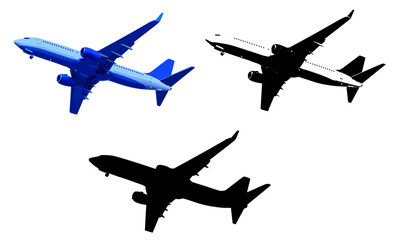 Passenger flying airliner and airplanes silhouettes. Set of planes isolated on a white background. Illustration. Vector.