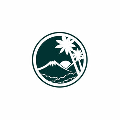 Fototapeta na wymiar Mountain scenery logo on green background and line drawing
