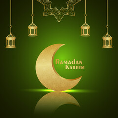 Ramadan kareem islamic festival celebration greeting card with creative golden moon and lantern