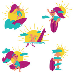 body positive surfing girls: set of vector illustrations. The man fell from the surf. Surf Girl on the wave. Girl in heart sunglasses. Wooden sign. Concept for icons, stickers, avatars