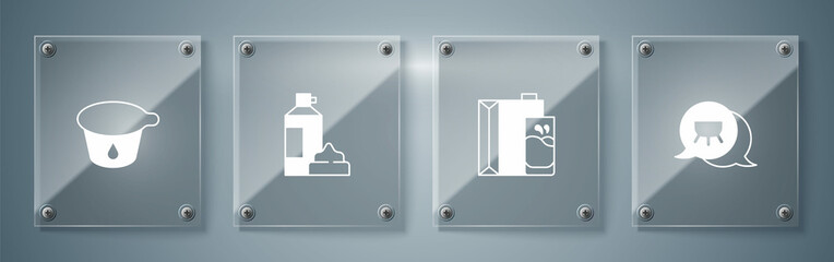 Set Udder, Paper package for milk, Whipped cream in bottle and Yogurt container. Square glass panels. Vector