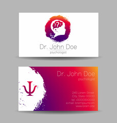 Psychology Vector Business Visit Card with Letter Psi Psy in Violet Bright Color. Modern logo Creative style. Human Head Profile Silhouette Design concept. Branding company