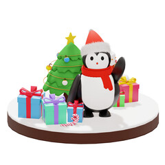 3d penguin illustration with christmas day theme and cute icon inside