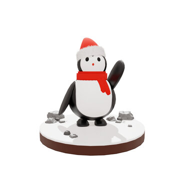 3d penguin illustration with christmas day theme and cute icon inside