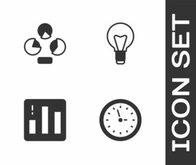 Set Clock, Pie chart infographic, and Light bulb icon. Vector