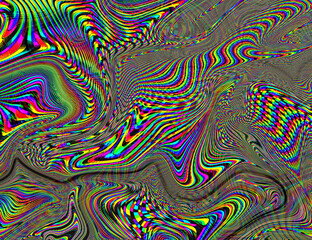 Hippie Trippy Psychedelic Rainbow Background LSD Colorful Wallpaper. Abstract Hypnotic Illusion. Hippie Retro Texture Glitch and Disco