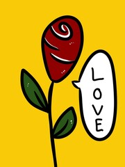 red rose flower and text love on yellow background