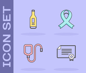 Set Certificate template, Digital thermometer, IV bag and Awareness ribbon icon. Vector