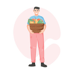 Man farmer standing. Young guy planting crops, gardening, working on farm, making local organic food.