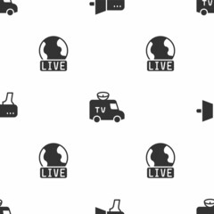 Set Megaphone, TV News car and Live report on seamless pattern. Vector