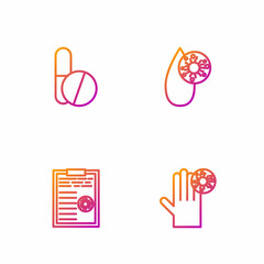 Set line Hand with virus, Clipboard blood test results, Medicine pill or tablet and Blood. Gradient color icons. Vector