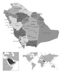 Saudi Arabia - highly detailed black and white map.