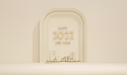 Minimal stage with podium ,pine tree and gift box and pastel beige and golden background. Concept of 2022 holiday poster, banner, cover card, brochure, studio, 3d rendering	