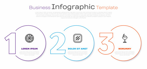 Set line Pizza, Steak meat and Ice cream in bowl. Business infographic template. Vector