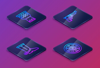 Set Isometric line Drum, Cowboy boot, Revolver gun and Old wooden wheel. Blue square button. Vector