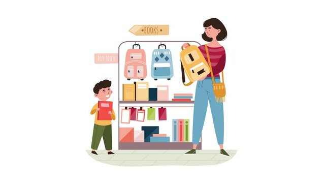 Back to School concept. Mother and son buy backpack, books, notebooks, folders and stationery for school. Moving characters in store choose and buy goods. Dynamic postcard. Graphic animated cartoon