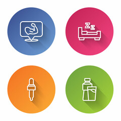 Set line Bodybuilder muscle, Time to sleep, Pipette with oil and Bottle of water glass. Color circle button. Vector